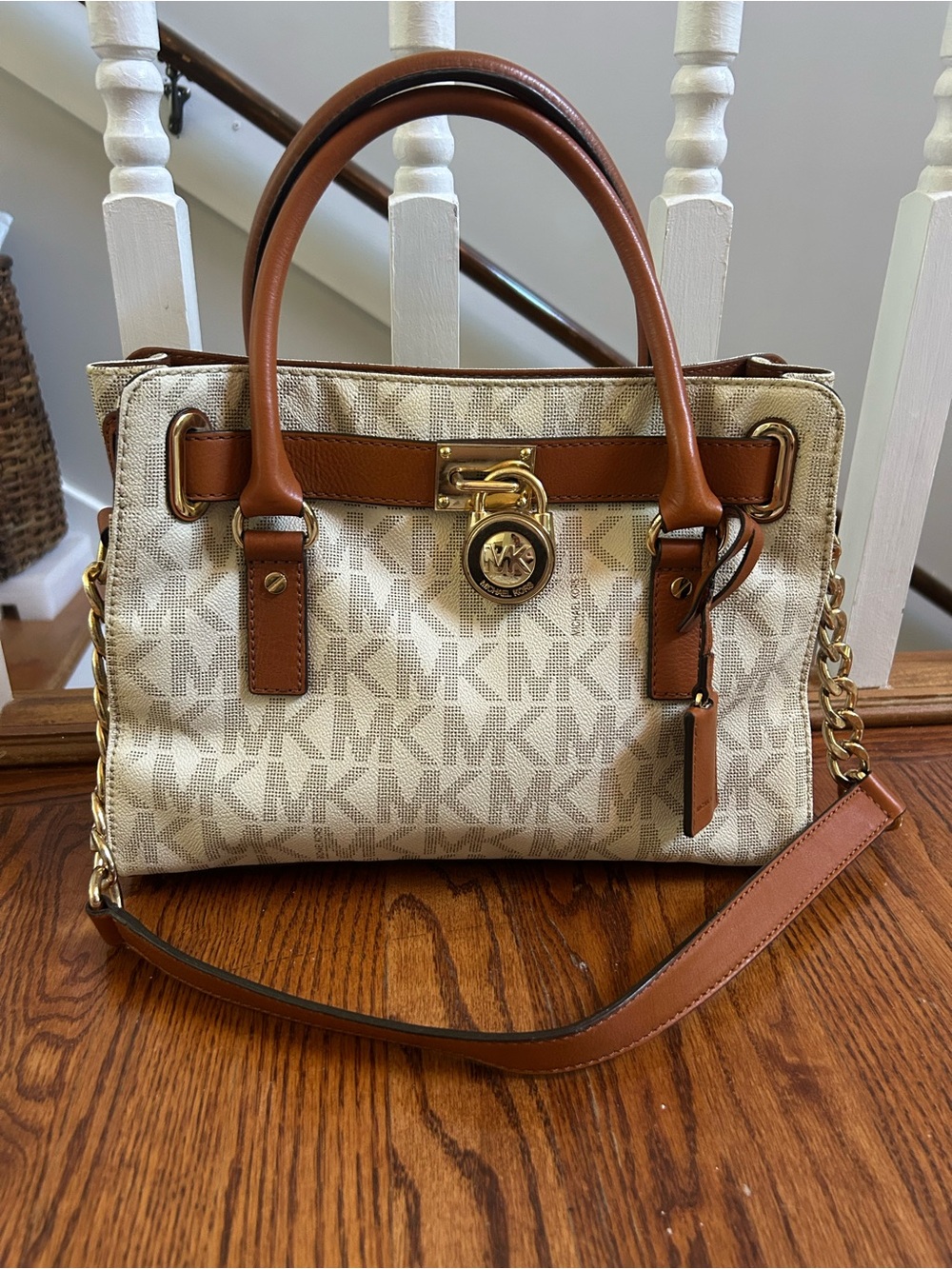 Michael Kors Cream and Tan Logo Satchel with Gold Hardware
